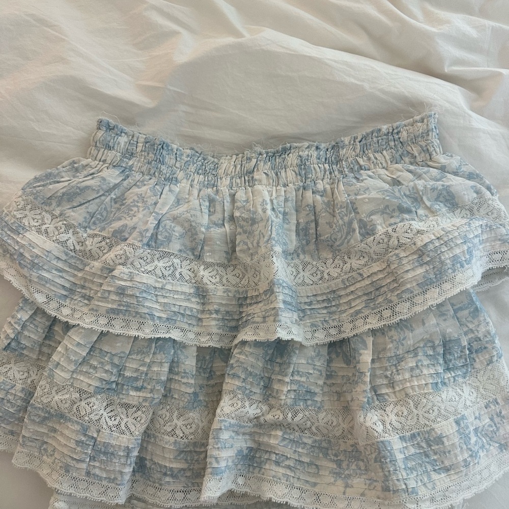 LoveShackFancy Blue and White Ruffled Mini Skirt